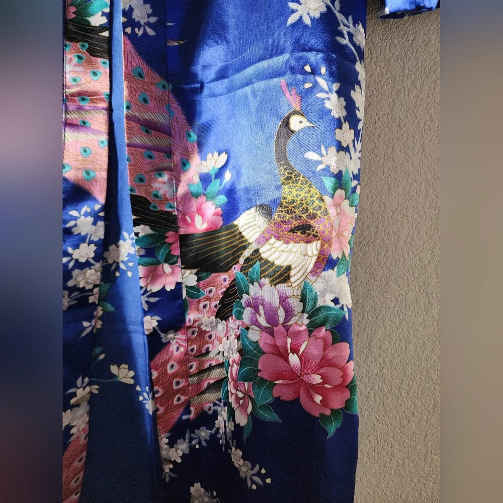 Vibrant Blue Floral Kimono with Peacock Accents Size: Small - Picture 6 of 6